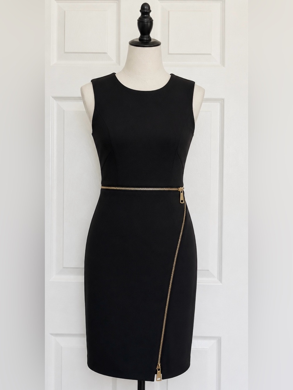 Calvin Klein Black Midi Sheath Dress with Gold Zipper Trim